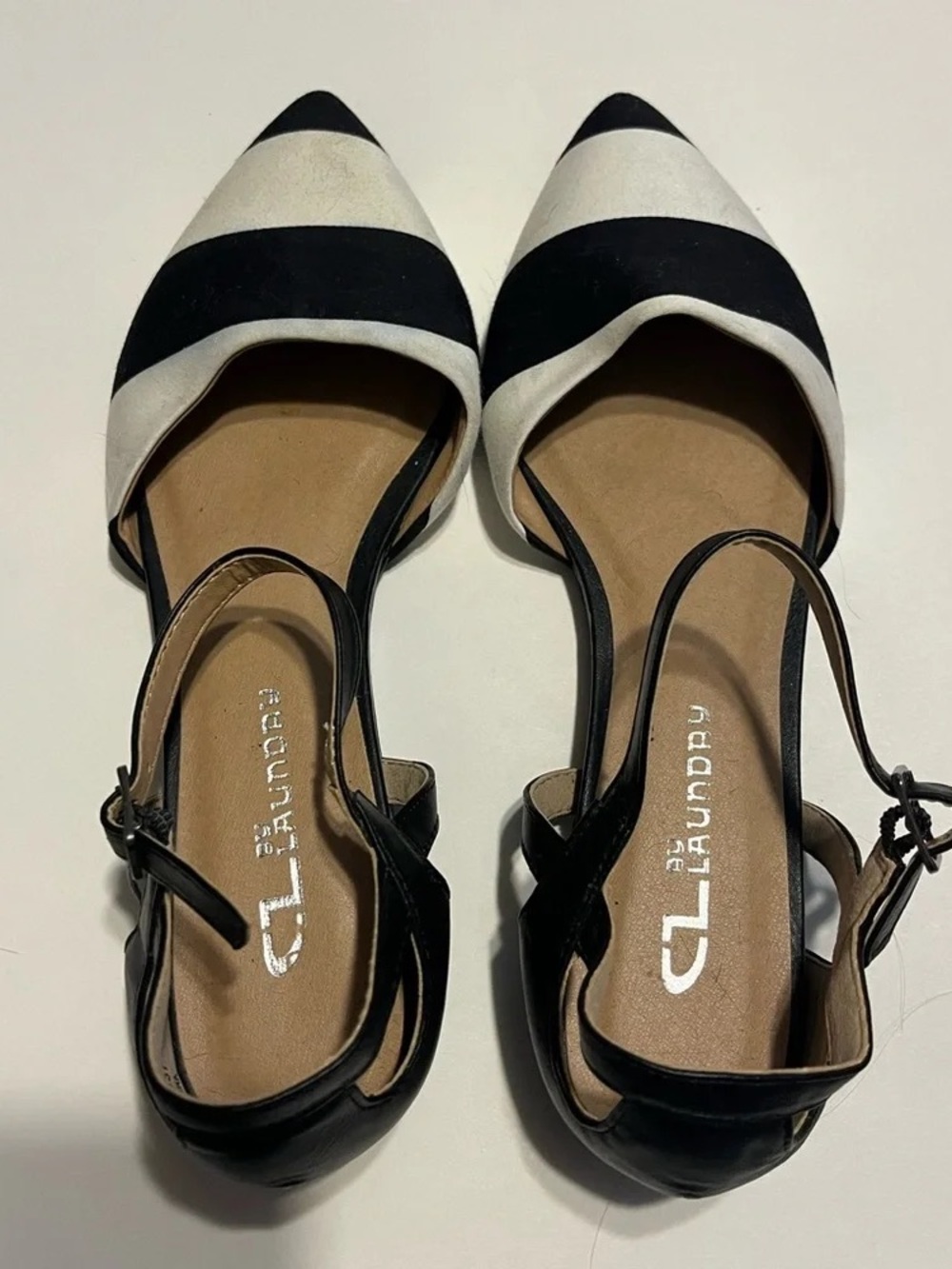 CL by Laundry Black & White Striped Pointed-Toe Slingback Flats